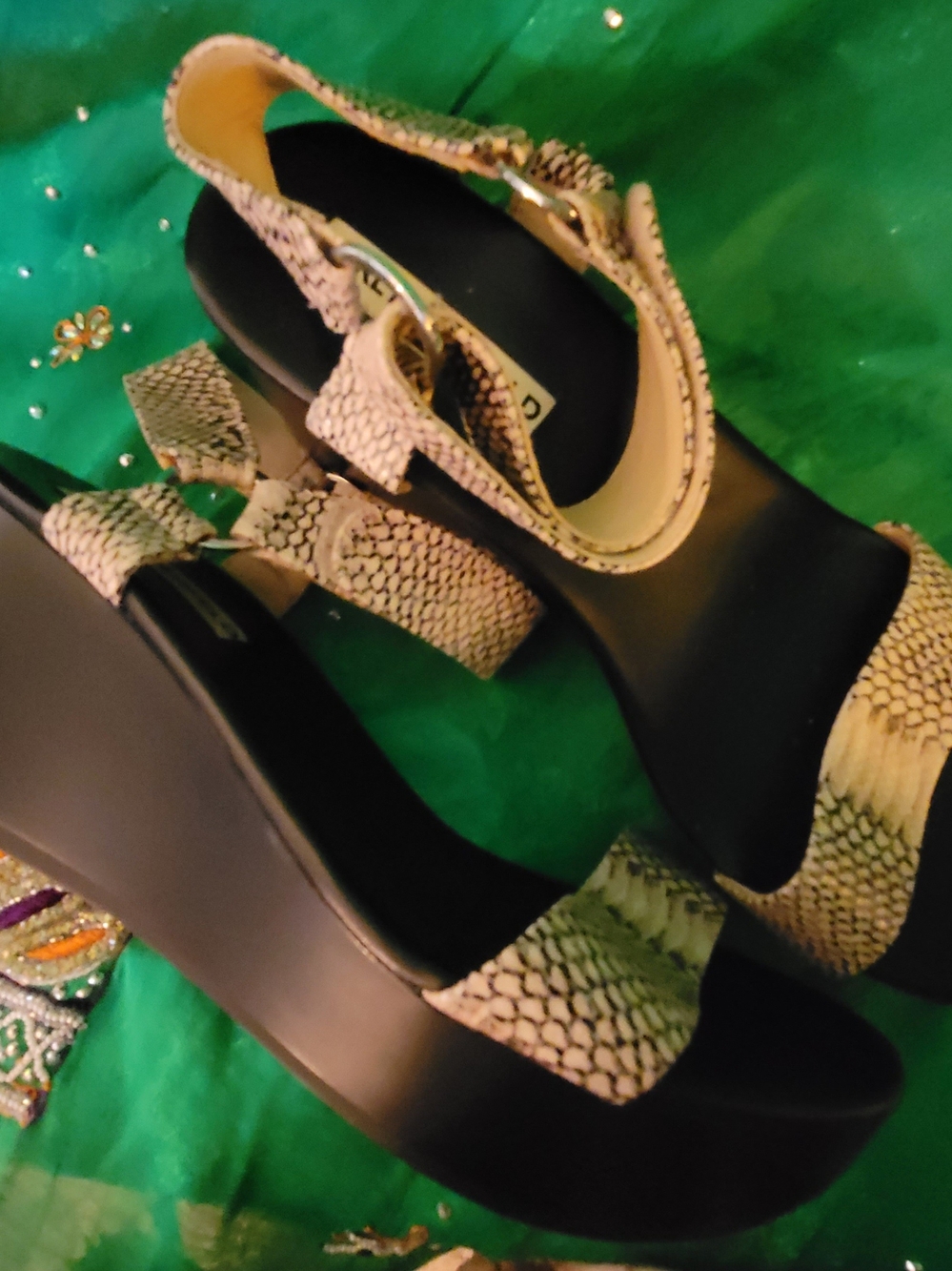 Karl Lagerfeld Black Platform Wedge Sandals with Cream Snake-Print Straps